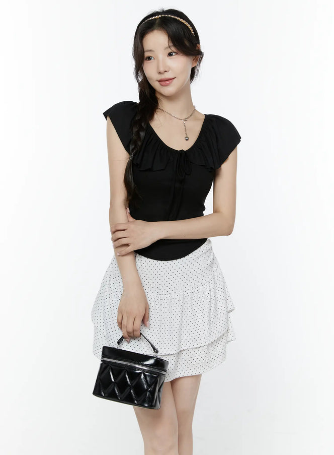 Frill Ribbon V-Neck Off-Shoulder Top IY507