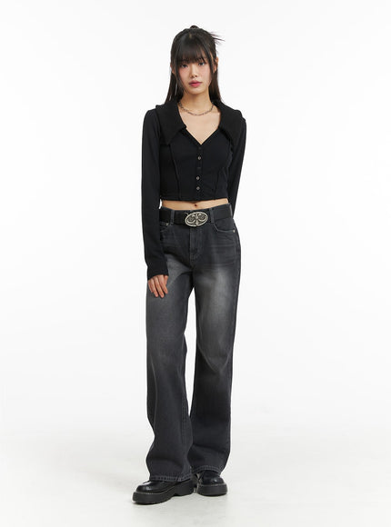 washed-wide-denim-cj415 / Black