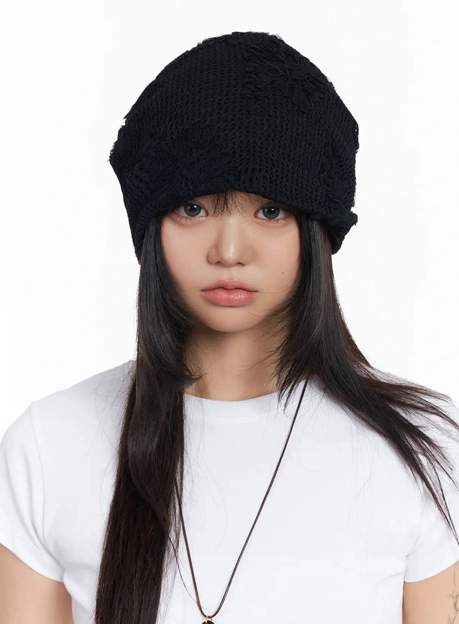 floral-mesh-knit-beanie-ia523 / Black