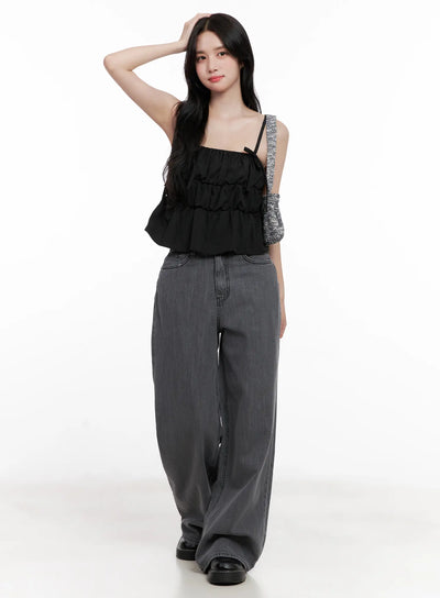 ribbon-strap-ruffle-scrunch-tank-cl516 / Black