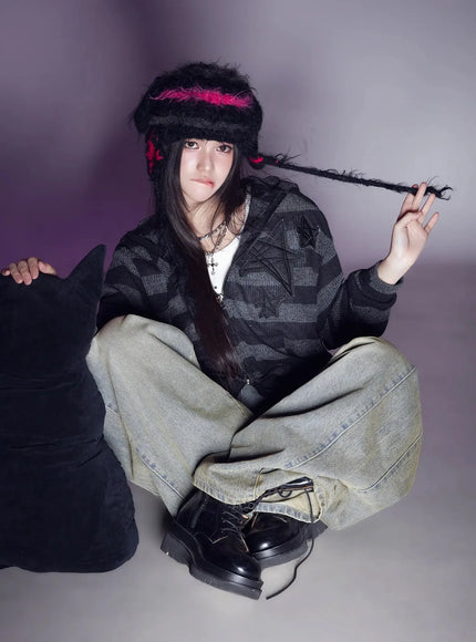 star-patch-striped-zip-up-is525 / Black