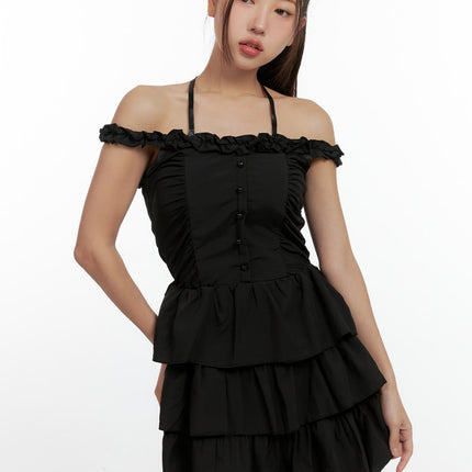 ruffle-buttoned-halterneck-mini-dress-cn416 / Black