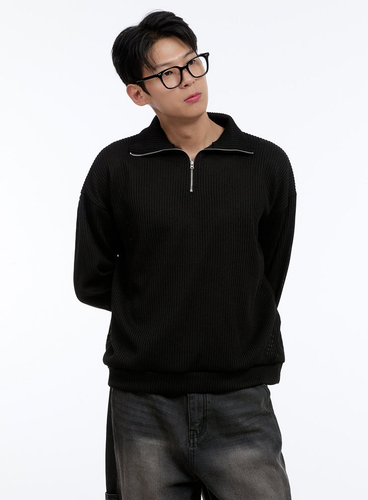 mens-soft-cable-knit-zip-up-pullover-ig427 / Black