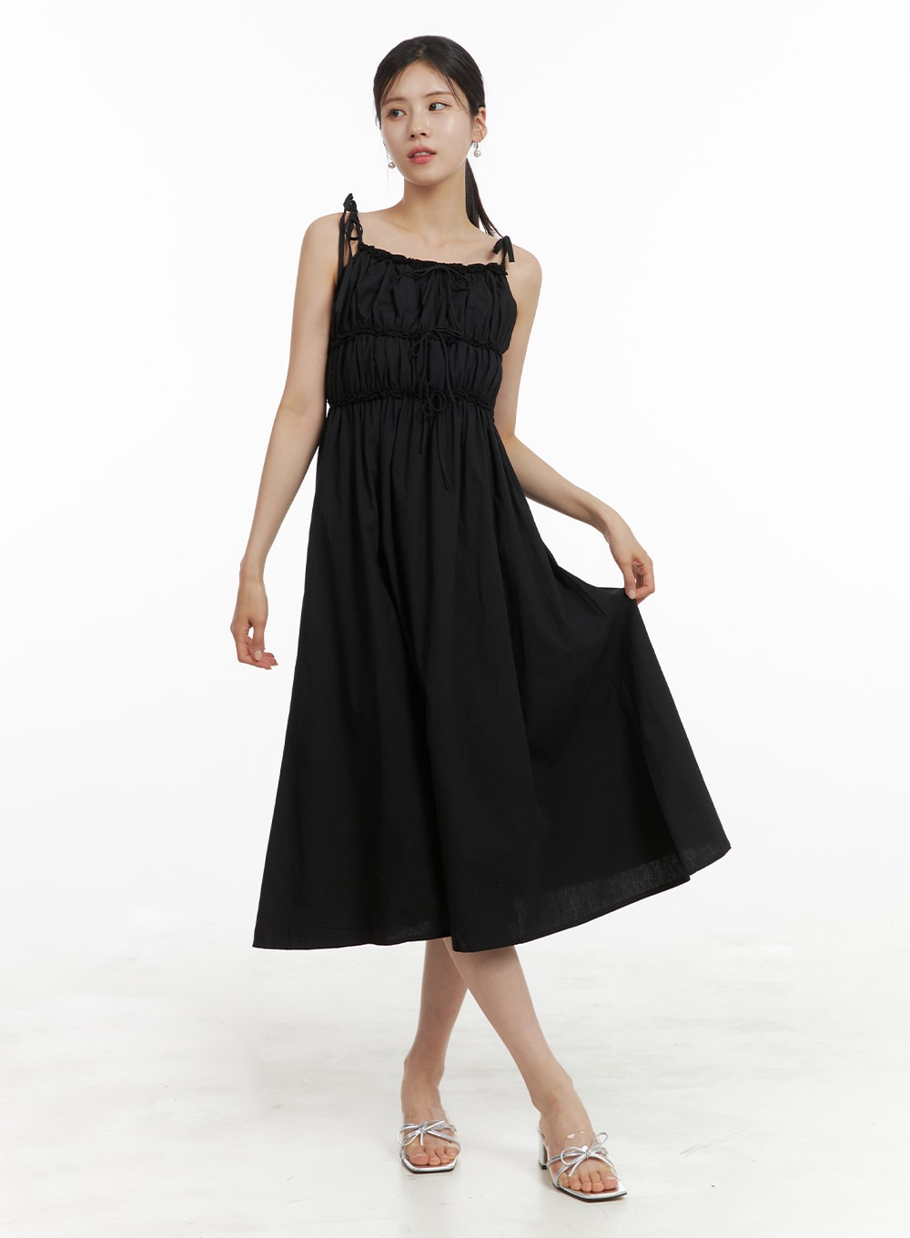 solid-rib-shirred-midi-dress-oa422 / Black