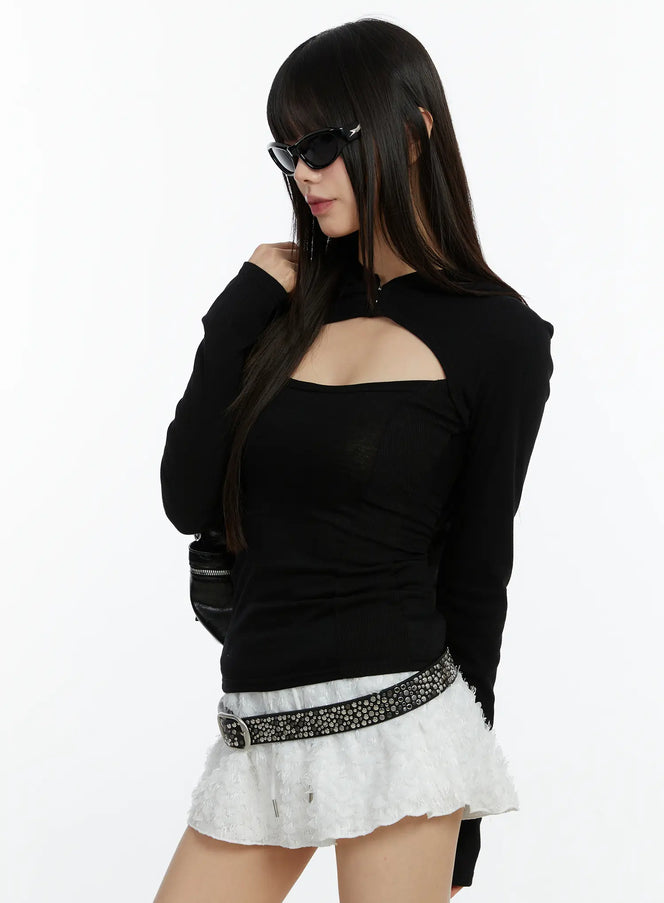 cut-out-hooded-long-sleeve-tee-cf510 / Black
