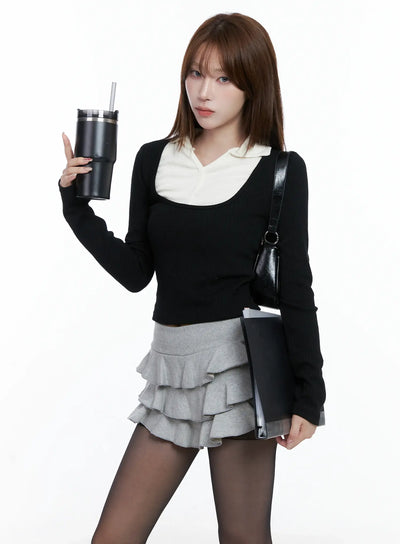 layered-collared-knit-top-cs501 / Black