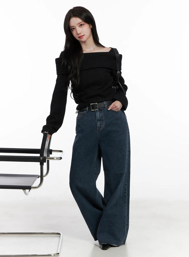 ribbed-off-shoulder-long-sleeve-top-cn527 / Black