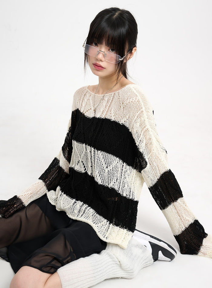wool-blend-hollow-out-striped-knit-sweater-cm415 / Black