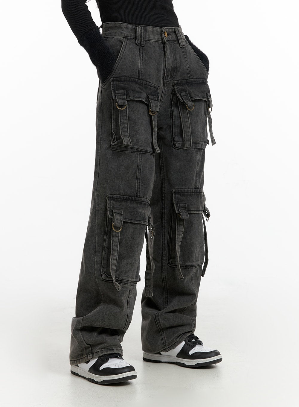 wide-leg-washed-cargo-jeans-cf415 / Black
