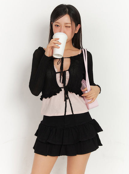 cable-knit-frill-cropped-cardigan-ia525 / Black