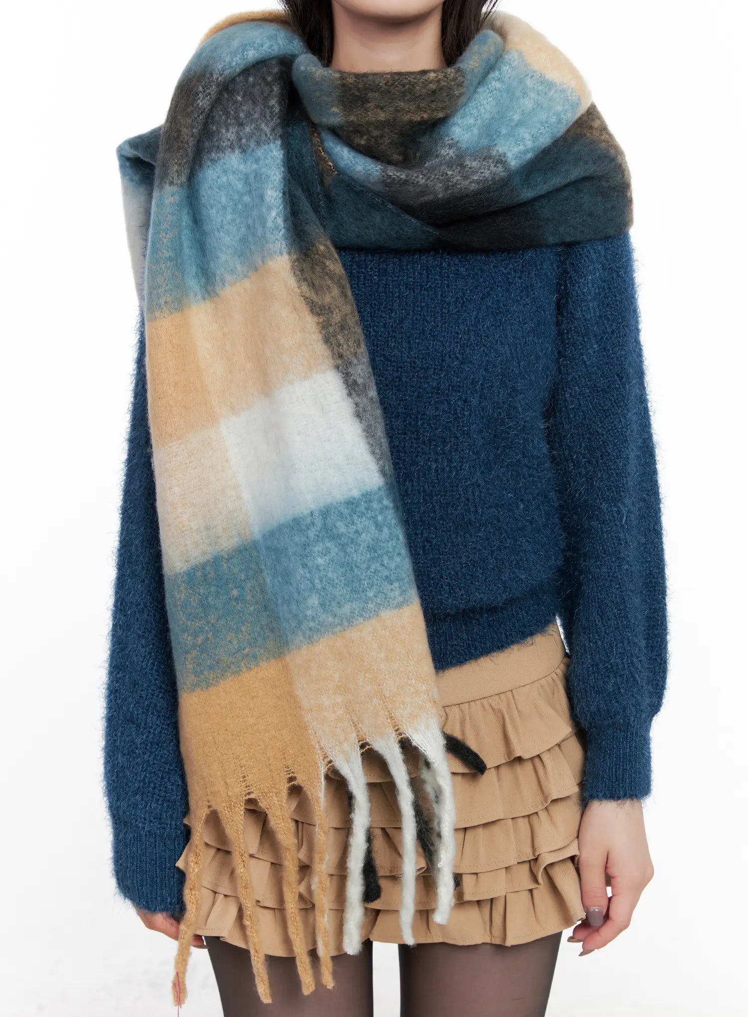 checked-wide-long-scarf-cn513 / Black