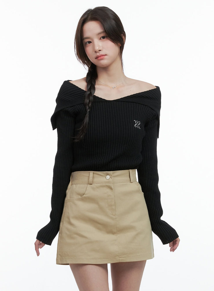 solid-off-shoulder-knit-top-og409 / Black