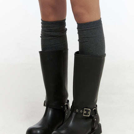 buckle-chic-faux-leather-midi-boots-co415 / Black