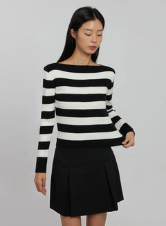striped-boat-neck-knit-top-ij508 / Black