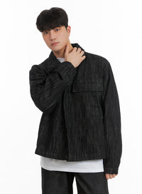 mens-textured-button-denim-jacket-ia402 / Black