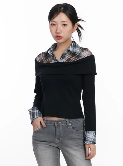 layered-off-shoulder-long-sleeve-top-cj530 / Black