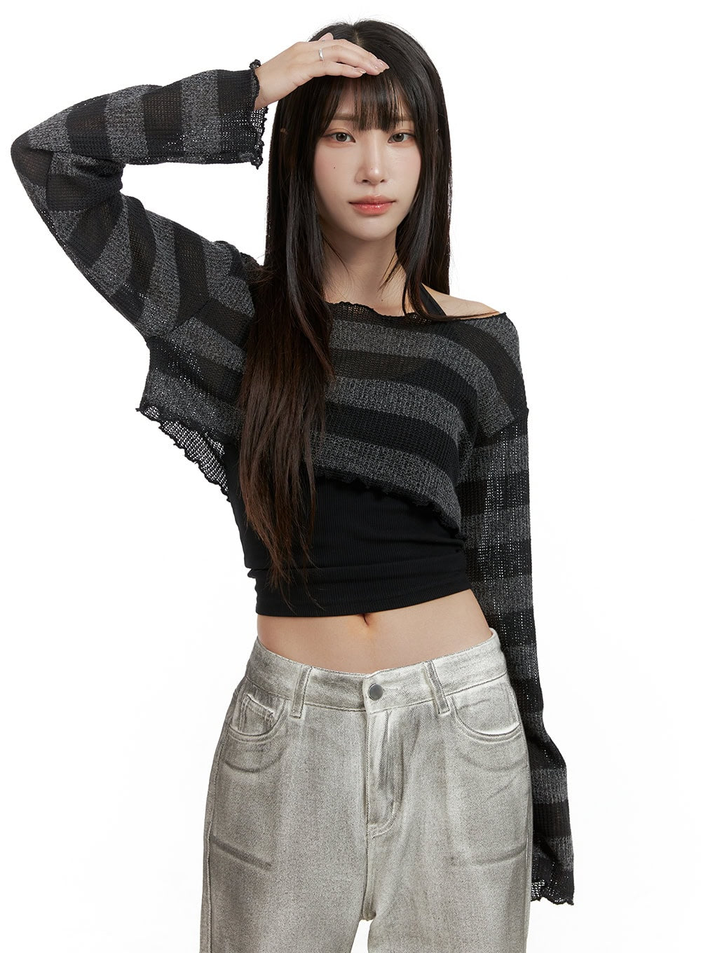 sheer-striped-crop-sweater-cl424 / Black