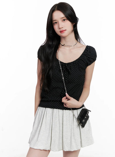 polka-dot-puff-sleeve-ribbon-top-cl516 / Black