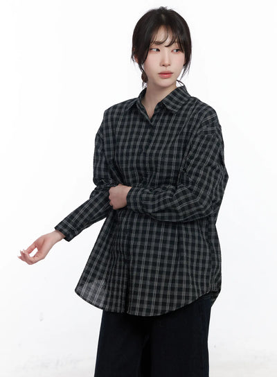 oversized-checkered-long-sleeve-shirt-cj526 / Black