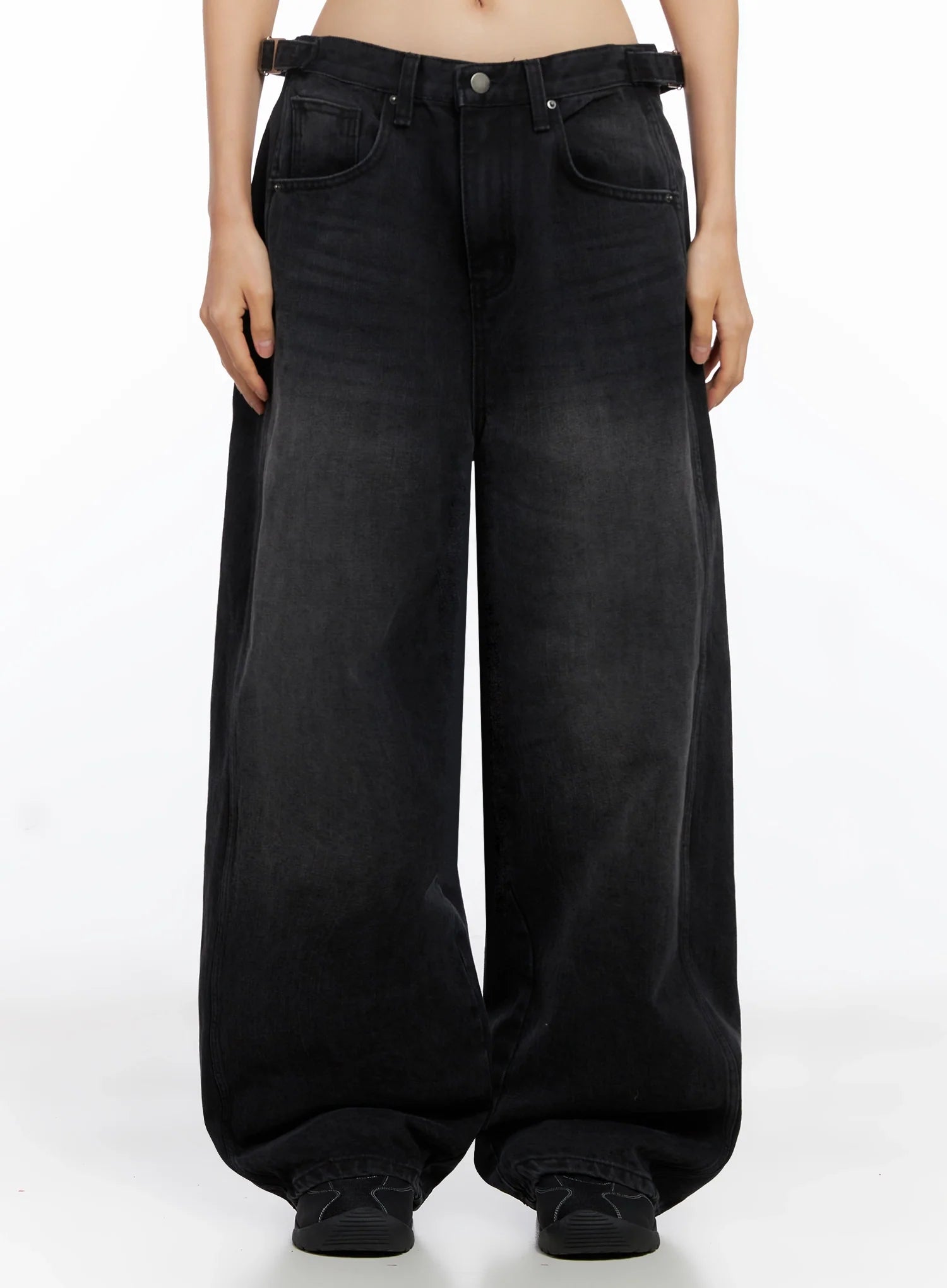 goffel-side-belt-washed-wide-denim-pants-co517 / Black