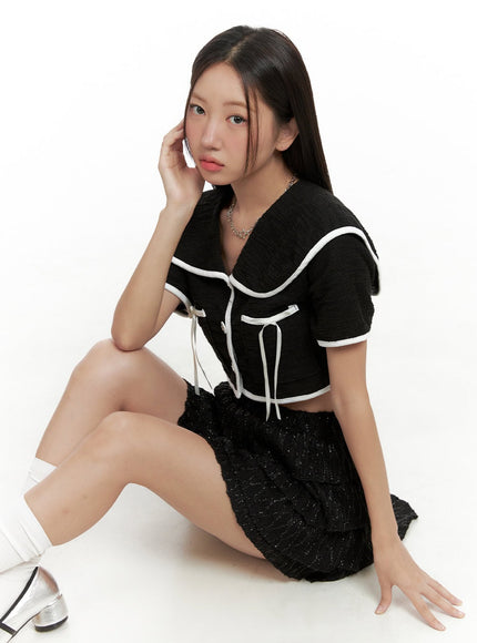 collared-short-sleeve-ribbon-jacket-og407 / Black