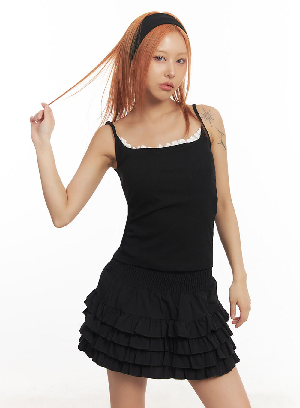 frill-trim-square-neck-cami-top-ia515 / Black