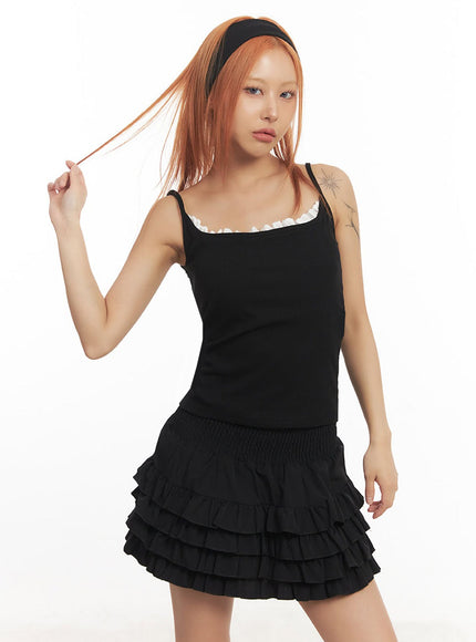 frill-trim-square-neck-cami-top-ia515 / Black