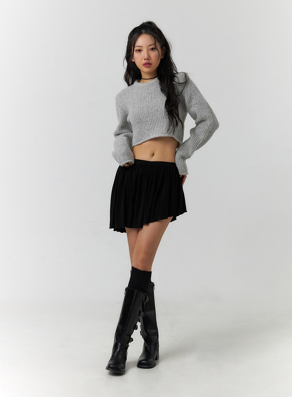 asymmetrical-frill-mini-skirt-cf405 / Black