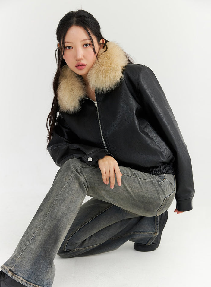 faux-leather-jacket-with-fur-collar-cn303 / Black