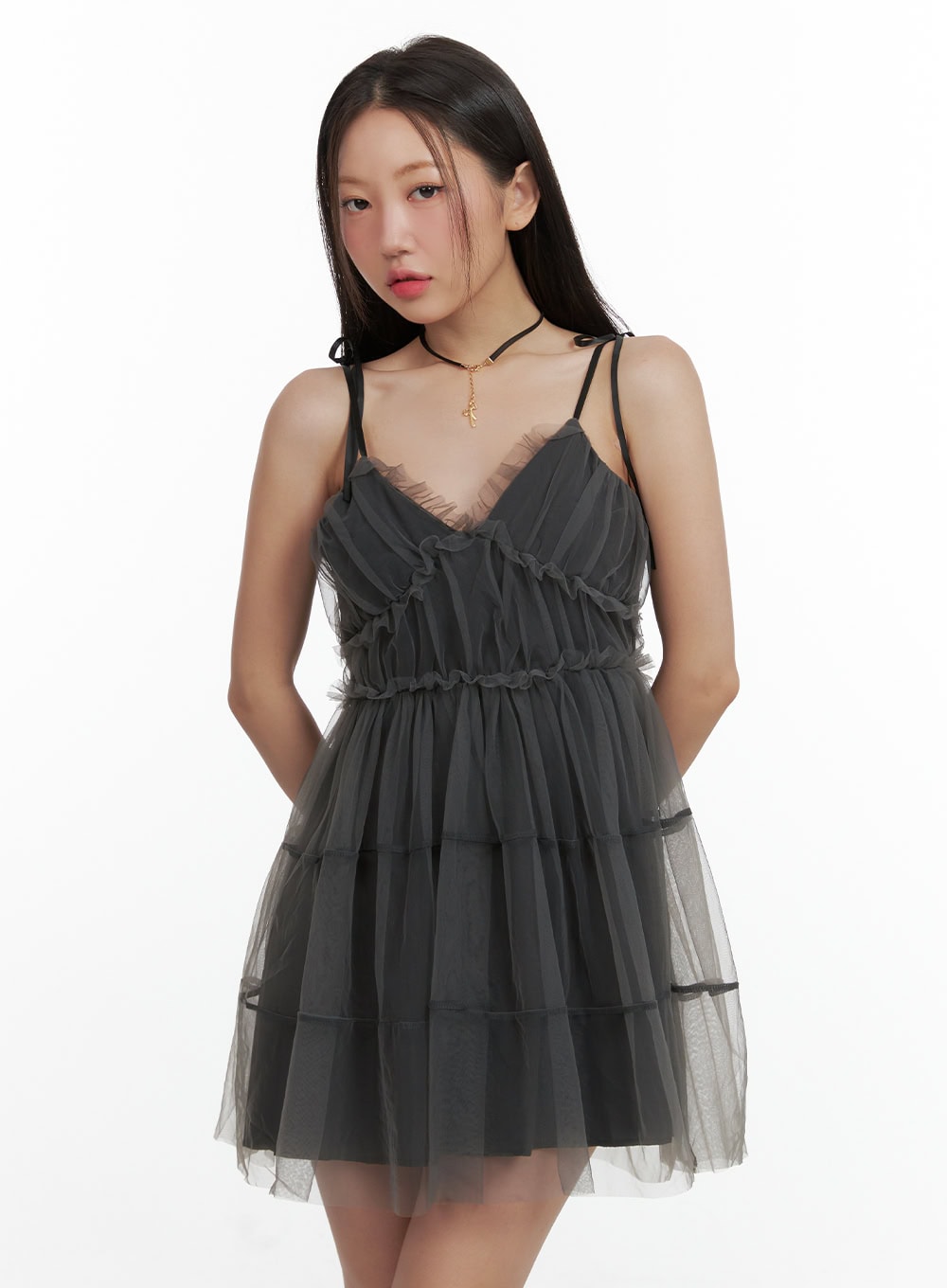 mesh-layered-v-neck-mini-dress-ou403 / Black