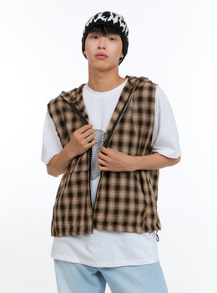 mens-checkered-zip-up-hooded-vest-ig416 / Black