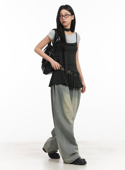 frilled-stripe-sleeveless-dress-scarf-set-cm504 / Black