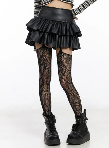 faux-leather-ruffle-mini-skirt-cd522 / Black