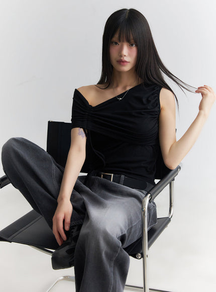 ribbon-one-shoulder-crop-top-ia528 / Black