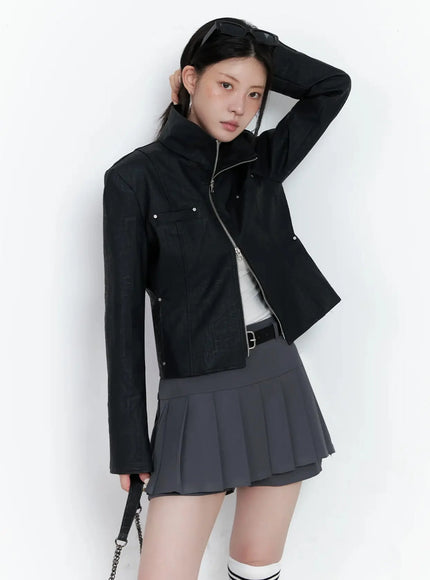 high-neck-zip-up-faux-leather-jacket-is508 / Black