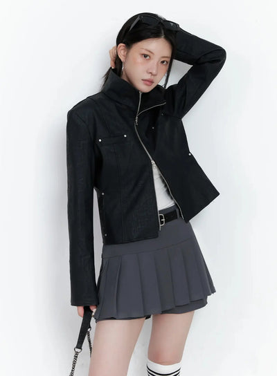 high-neck-zip-up-faux-leather-jacket-is508 / Black