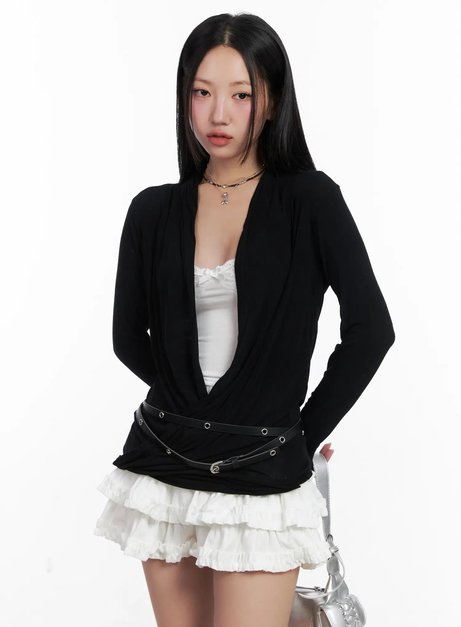 casual-v-neck-long-sleeve-top-cn528 / Black