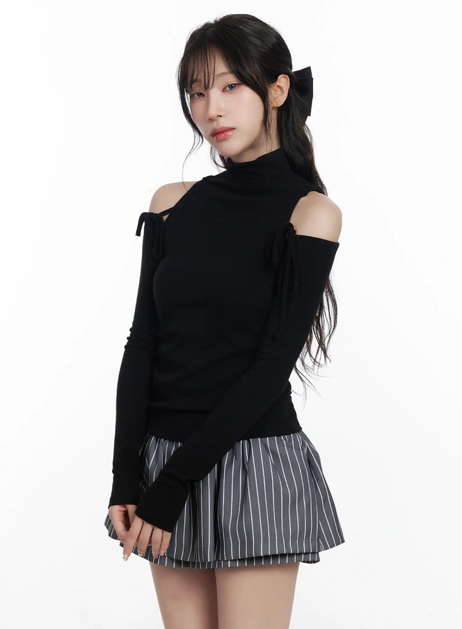 elegant-shoulder-cutout-long-sleeve-top-cj526 / Black
