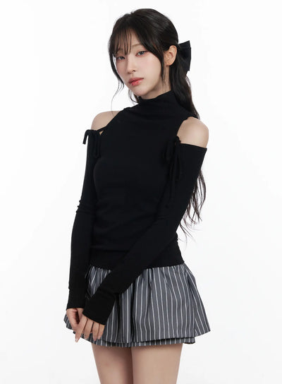 elegant-shoulder-cutout-long-sleeve-top-cj526 / Black
