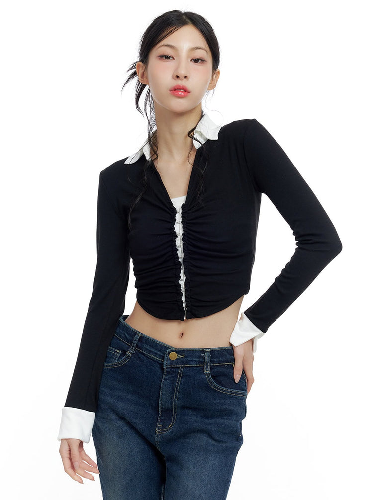 sleek-shirred-collar-cropped-long-sleeve-top-co425 / Black