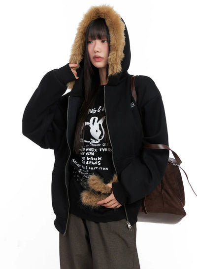 oversized-faux-fur-trim-hoodie-cn521 / Black