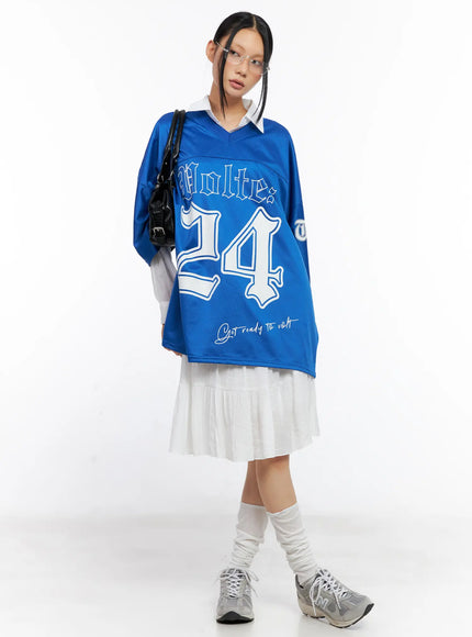 oversized-v-neck-graphic-tee-cl529 / Blue