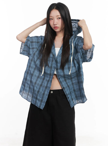 plaid-hooded-oversized-shirt-cu517 / Blue