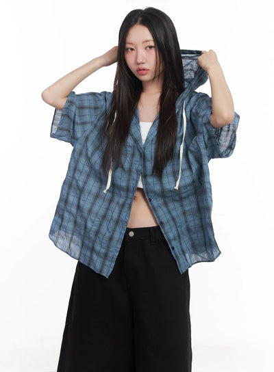 plaid-hooded-oversized-shirt-cu517 / Blue