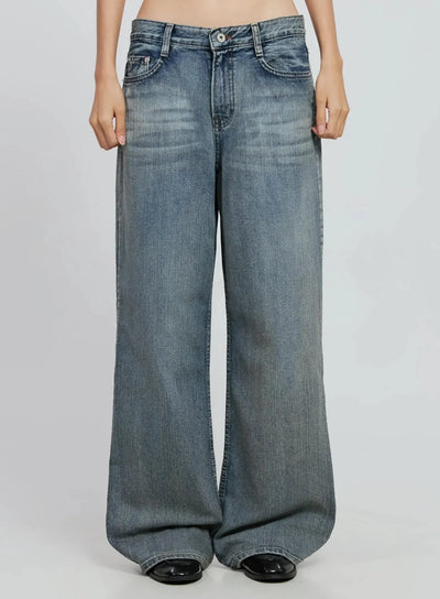 amora-vintage-washed-wide-leg-jeans-io530 / Blue