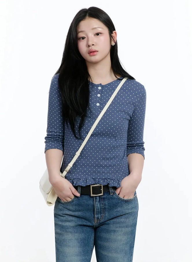 polka-dot-frill-hem-3-4-sleeve-top-im513 / Blue