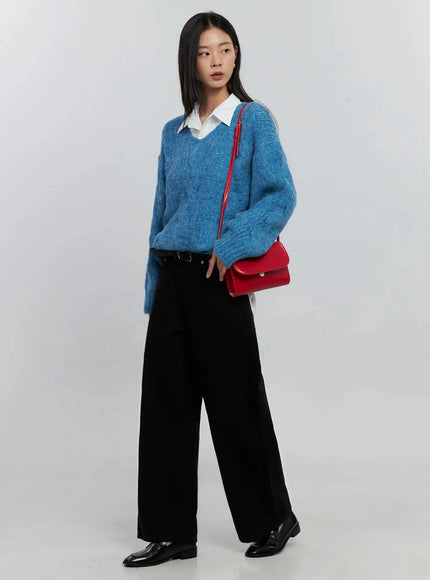 cable-knit-v-neck-sweater-is516 / Blue