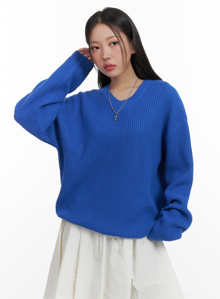 oversized-v-neck-waffle-knit-sweater-oa415 / Blue