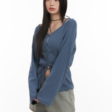 off-shoulder-loose-fit-buttoned-cardigan-cd426 / Blue