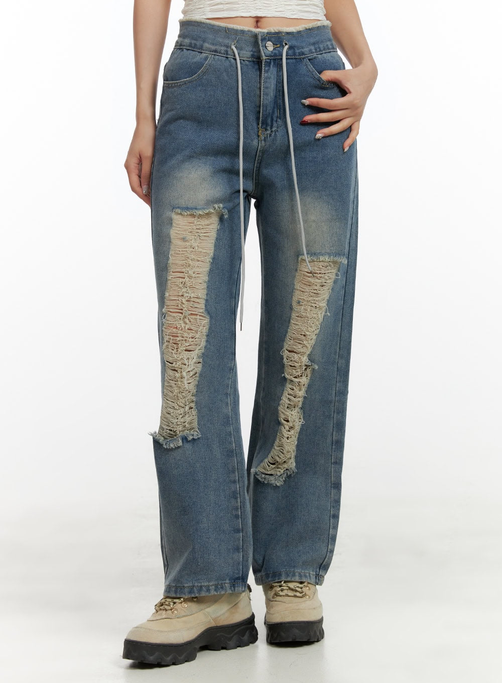 Distressed String Denim Jeans OU404 - Korean Women's Fashion | LEWKIN